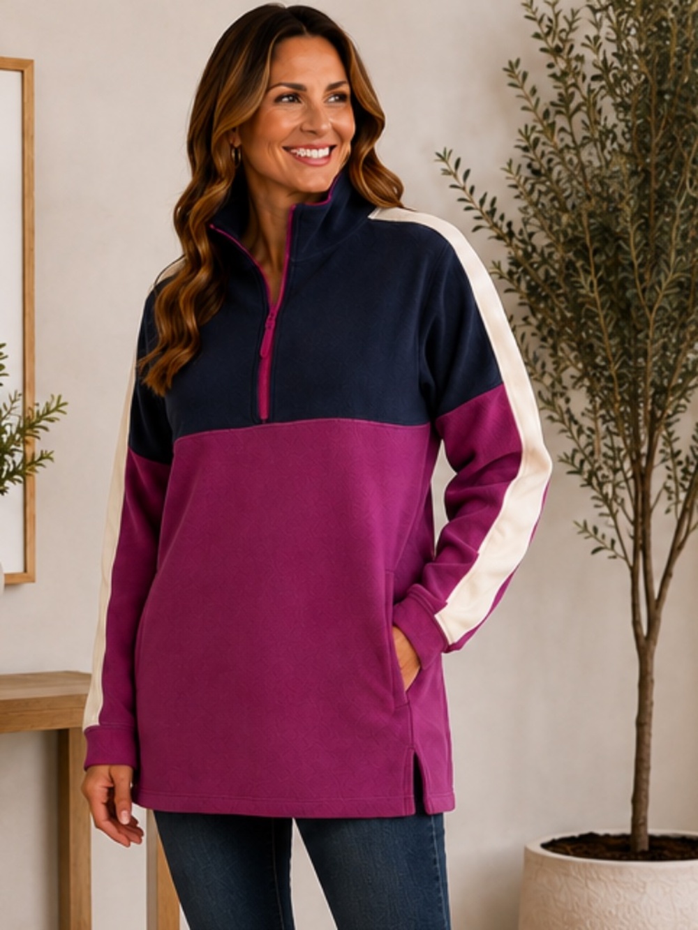 Belle by Kim Gravel Colorblock Fleece 1/4 Zip Pullover Tunic L NWOT